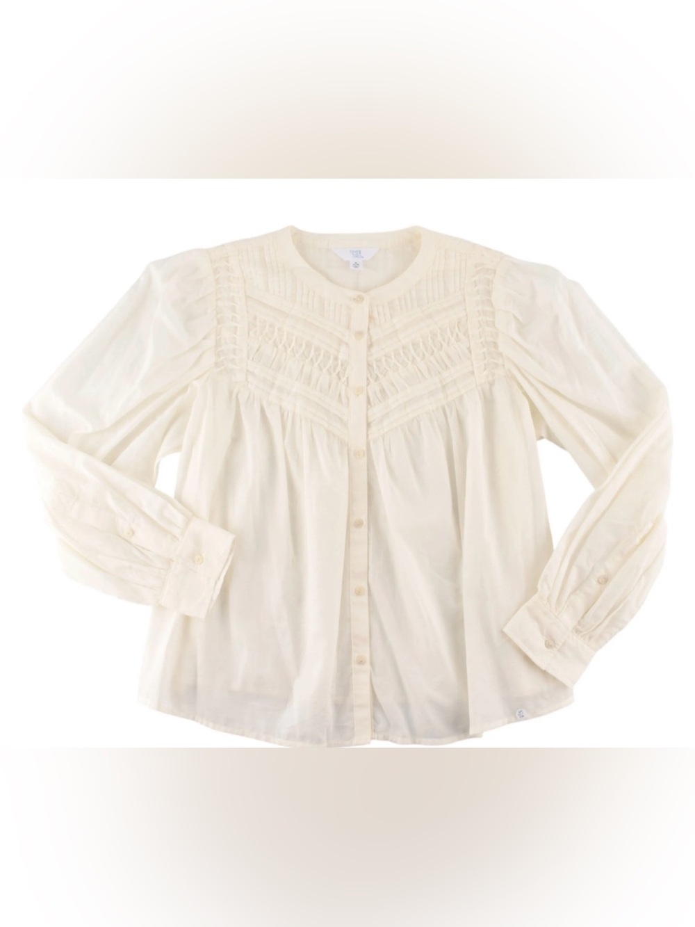 Women's Textured Cotton Blouse- Long Puff Sleeves Winter White size XS